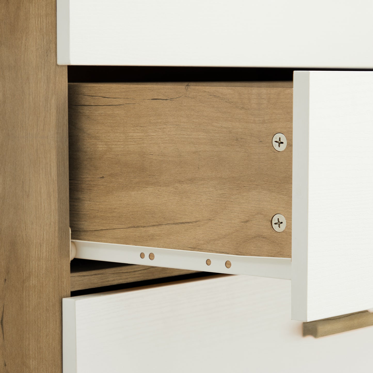 Drawer dresser and sideboard storage cabinet with solid wood handles and legs, brown and white