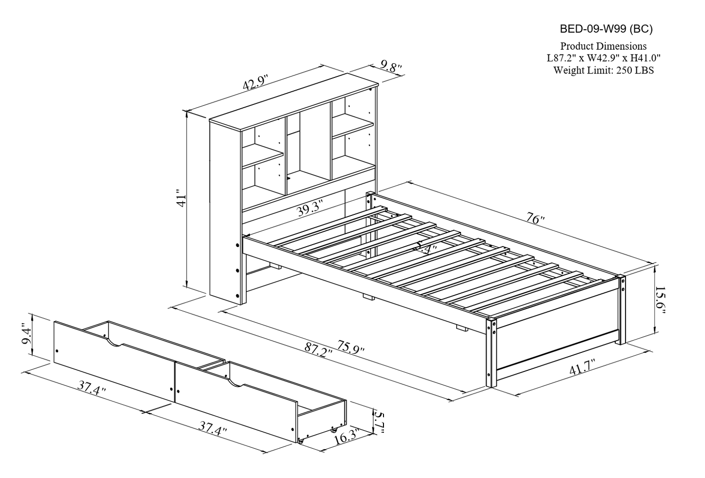 Modern twin bed frame with USB port, bookcase headboard, and drawers, walnut