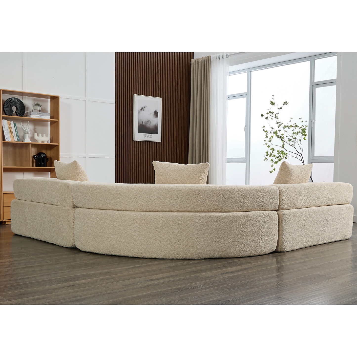 Oversized Curved 4-Seater Modular Sofa, 3-Piece Boucle, Khaki