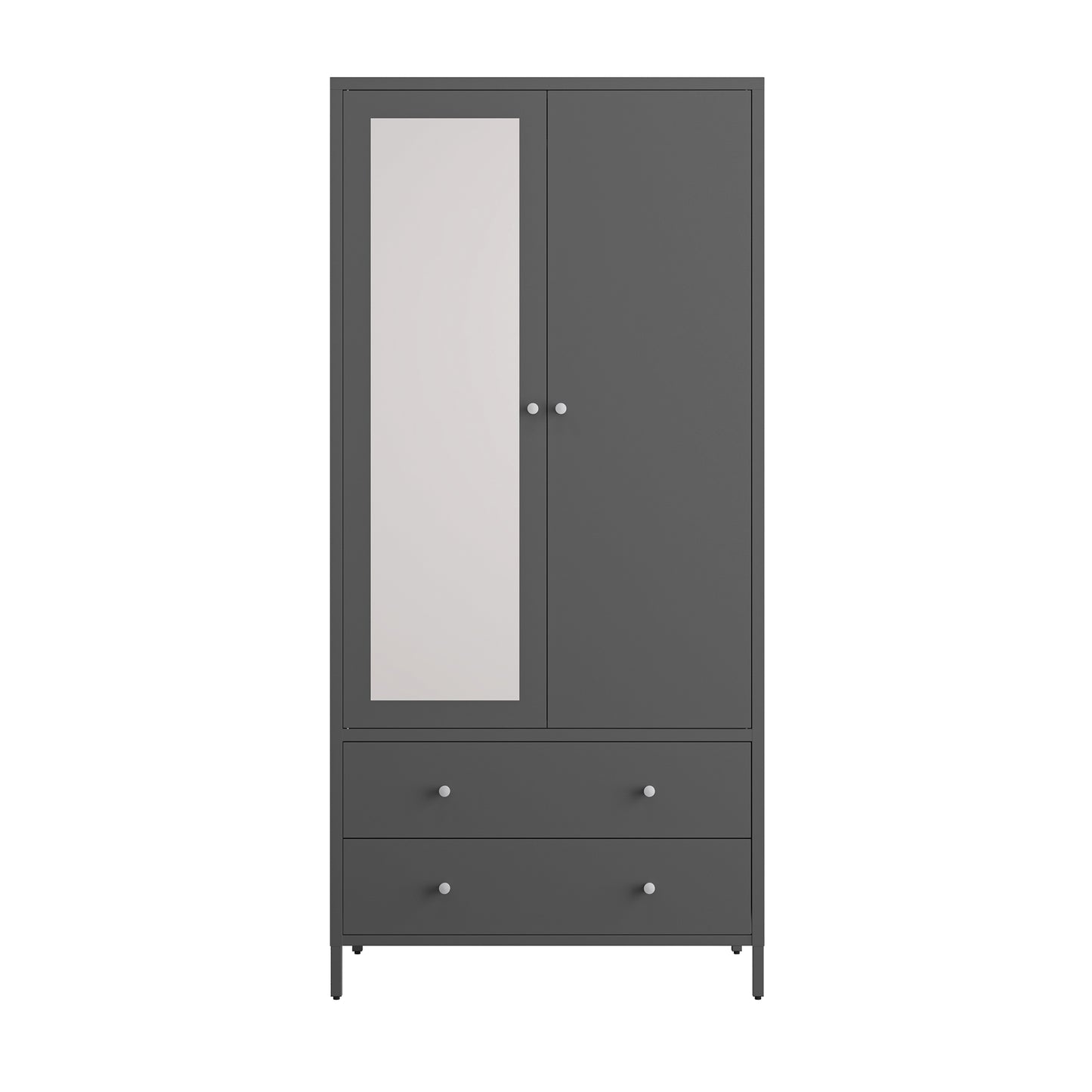 Metal dresser armoire wardrobe with mirror door, 2 drawers, and hanging rod, dark gray