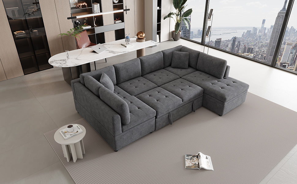 117.3 U-Shaped Sofa Bed with Pillows, Gray