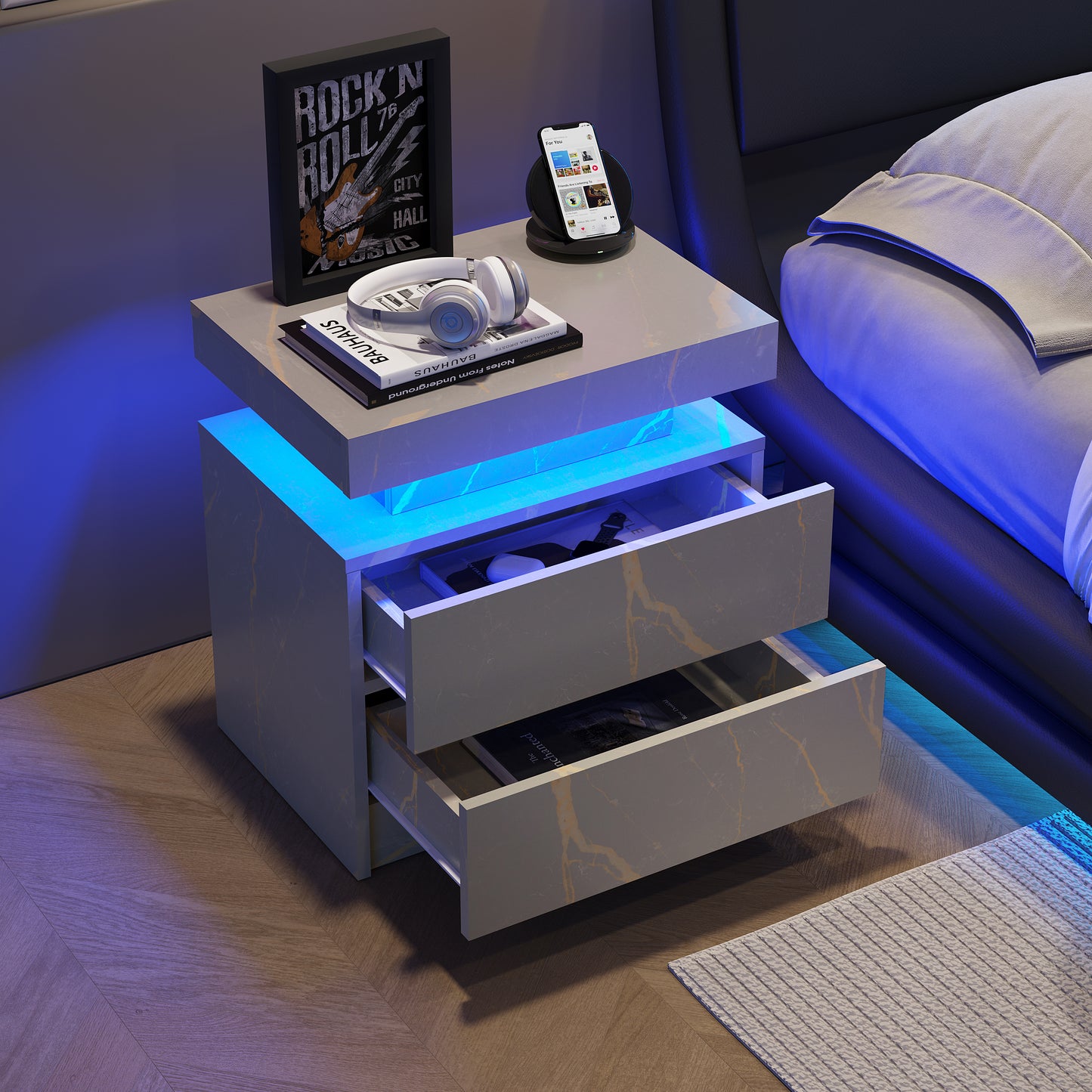 Modern LED nightstand with 2 drawers, gray gold