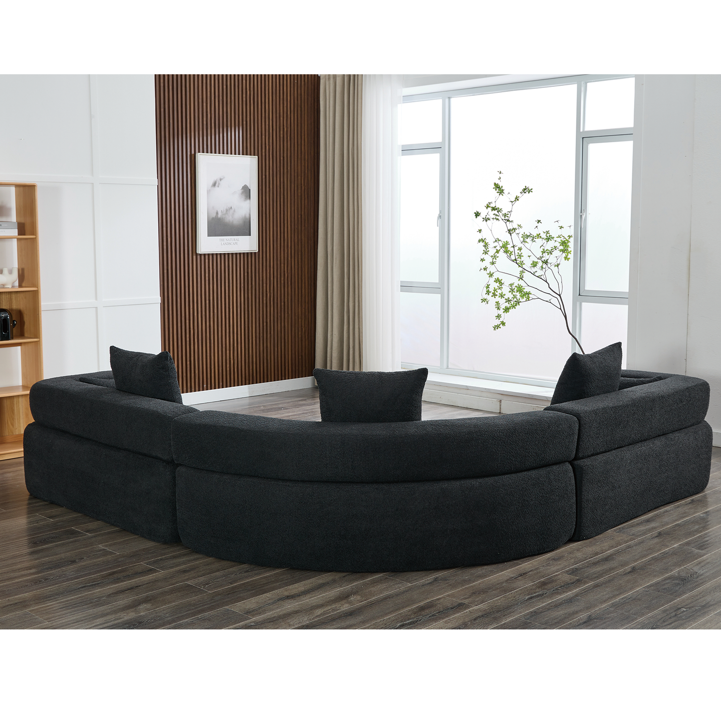 Oversized Curved 4-Seater Modular Sofa, 3-Piece Boucle, Black