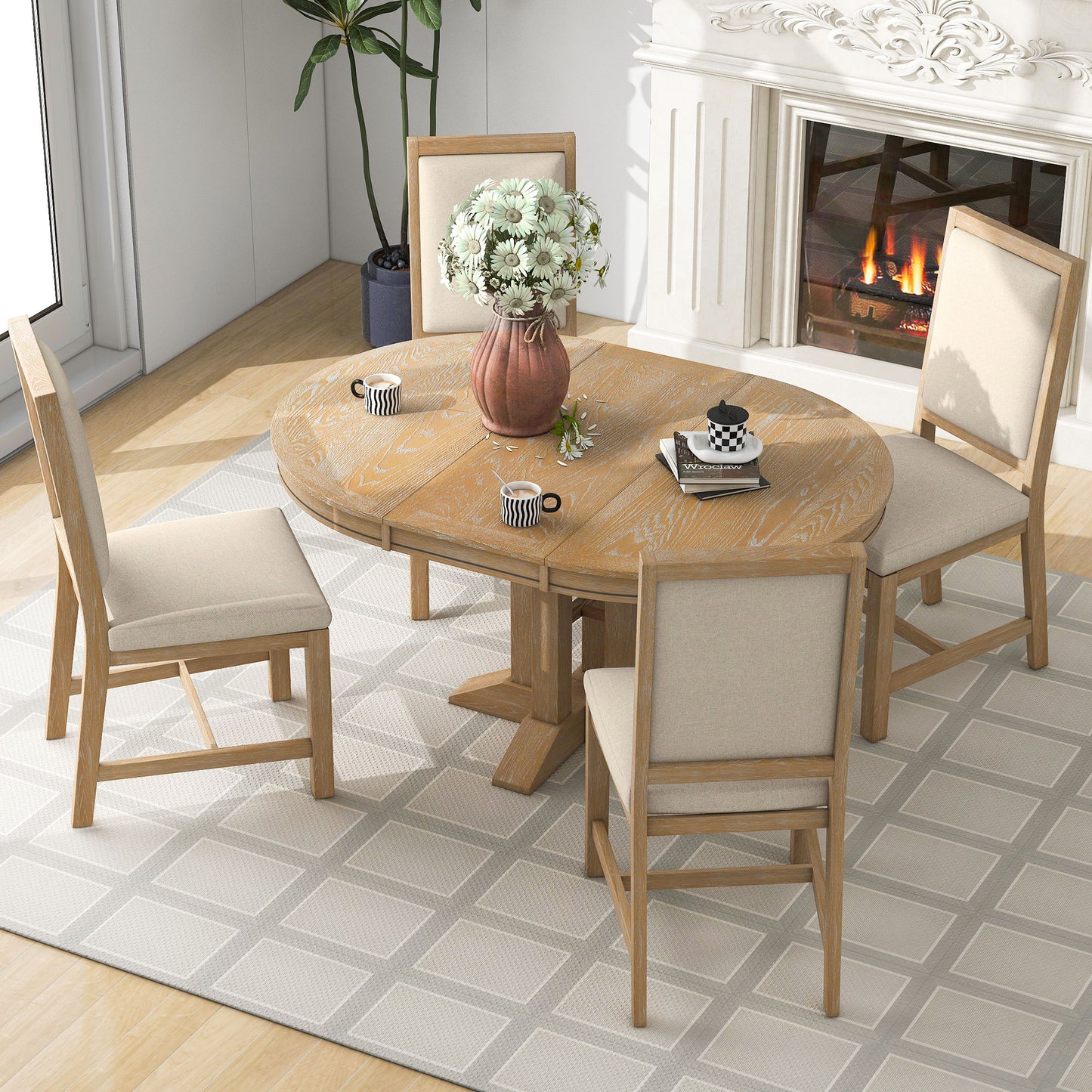 5-piece farmhouse dining set with extendable round table, natural wood wash, upholstered chairs