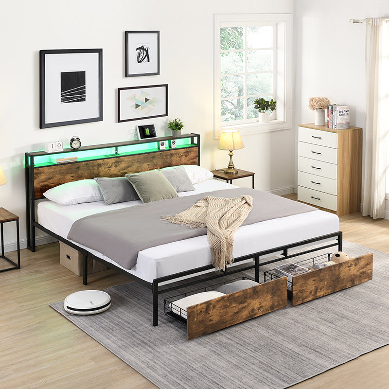 King bed frame with storage headboard and charging station, noise-free