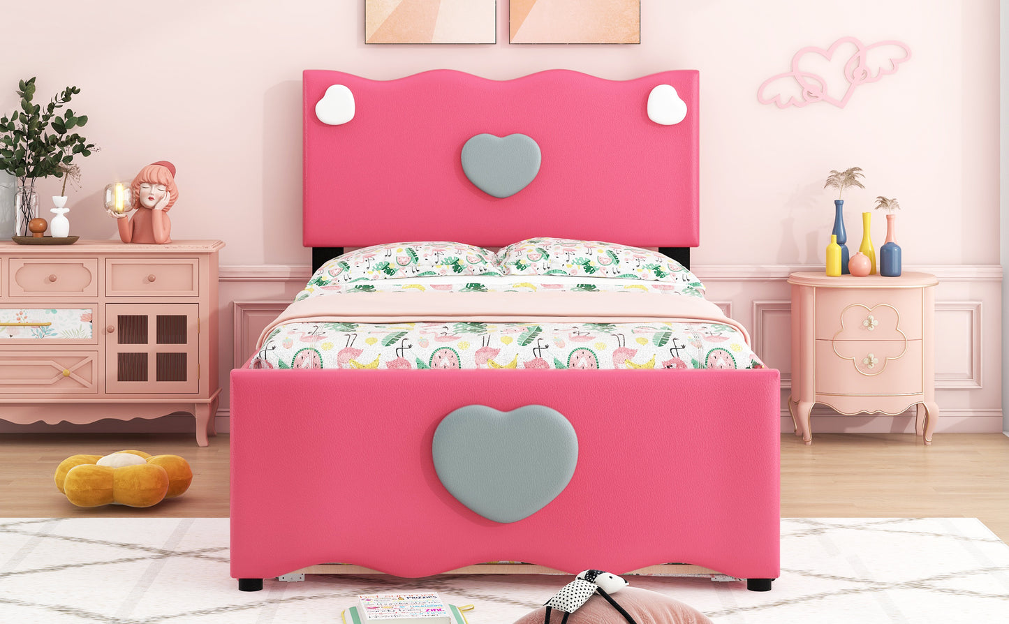 Twin Size Upholstered Platform Bed with Trundle and Heart Shaped Decoration, Dark Pink