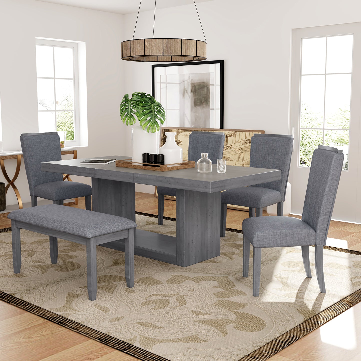 6-piece contemporary extendable dining set with pedestal table and bench, gray