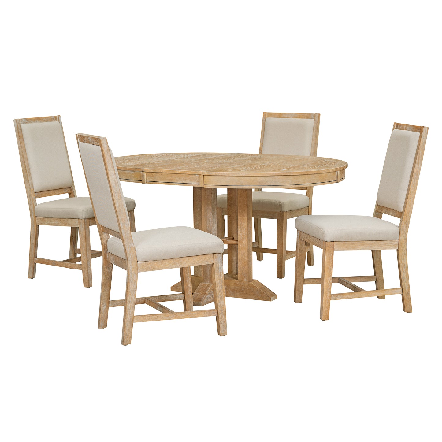 5-piece farmhouse dining set with extendable round table, natural wood wash, upholstered chairs