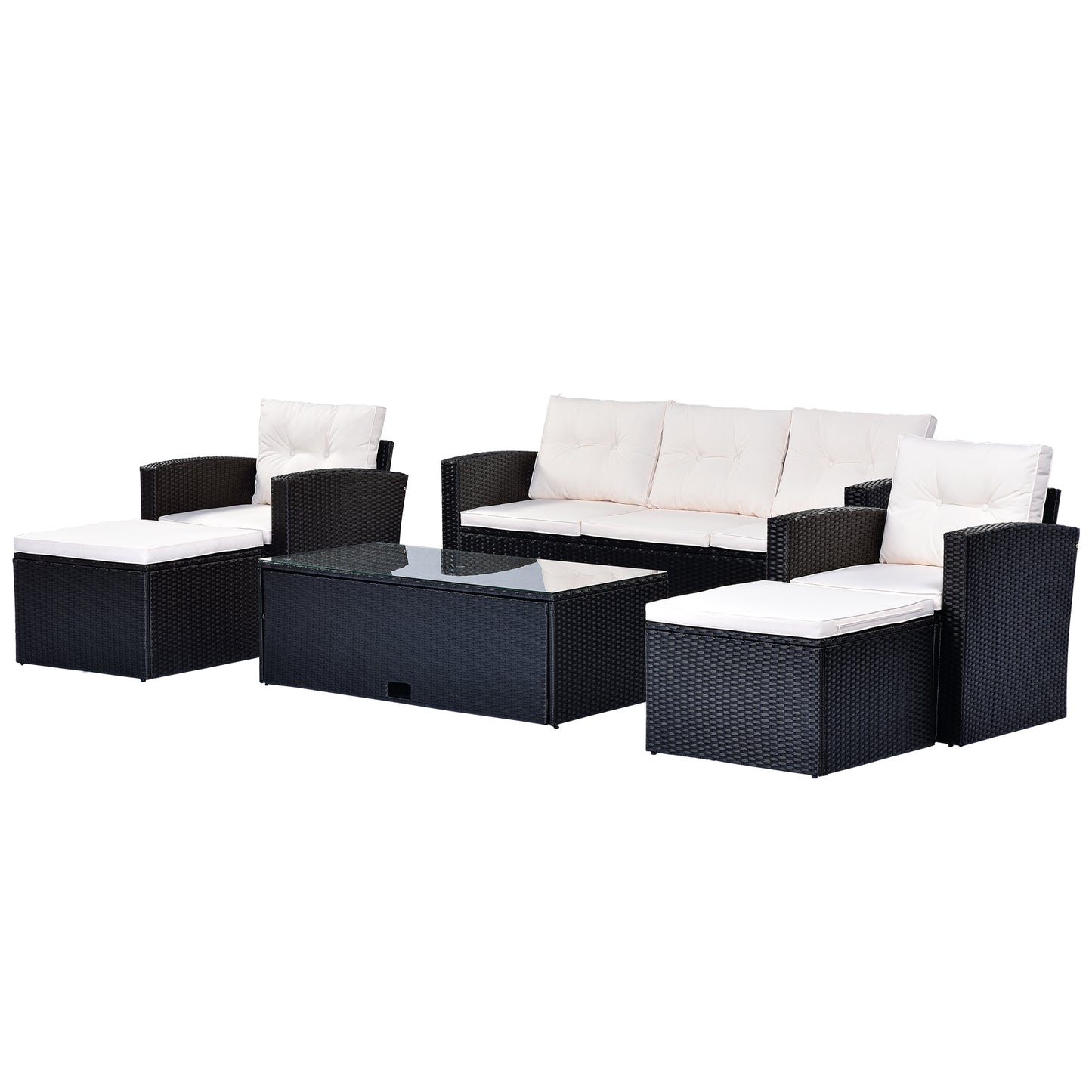 6-piece wicker patio sectional set with coffee table, black wicker, beige cushions