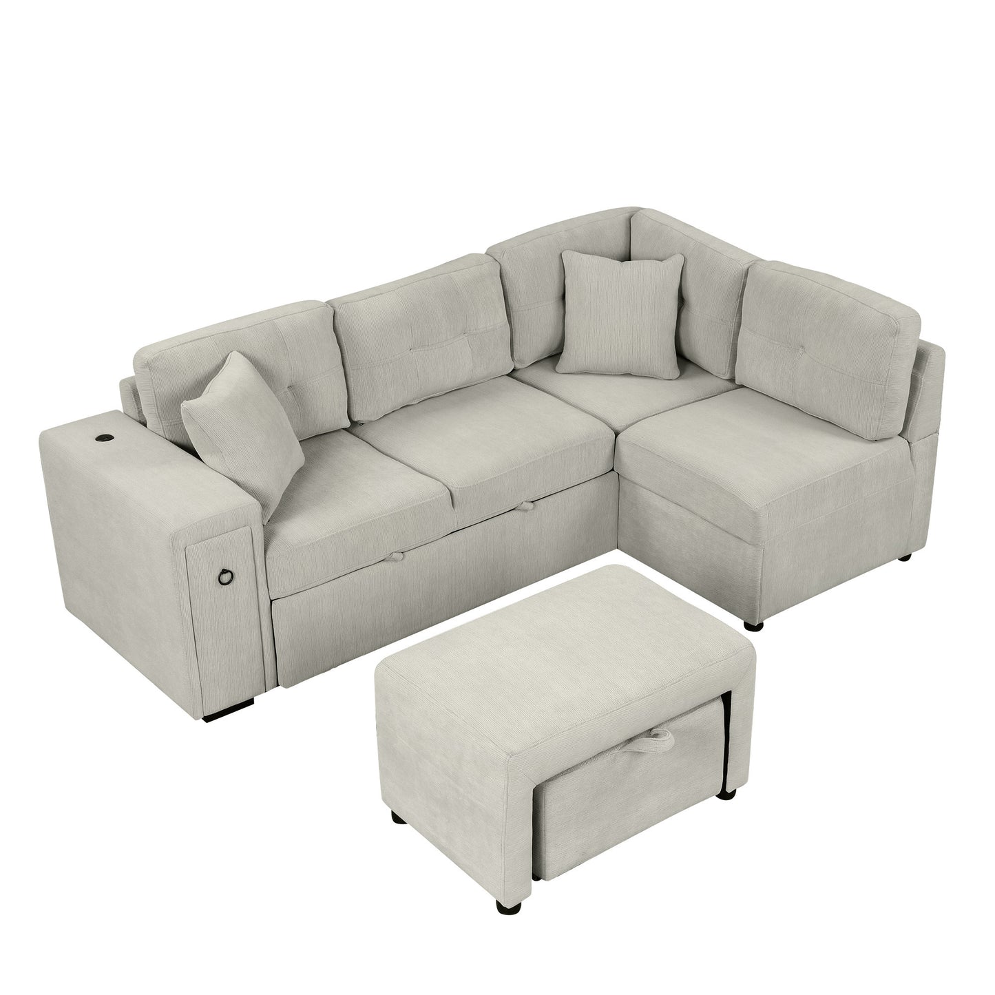 86.6 L-Shaped Sofa Bed with Ottoman, USB Ports & Cup Holders, Gray