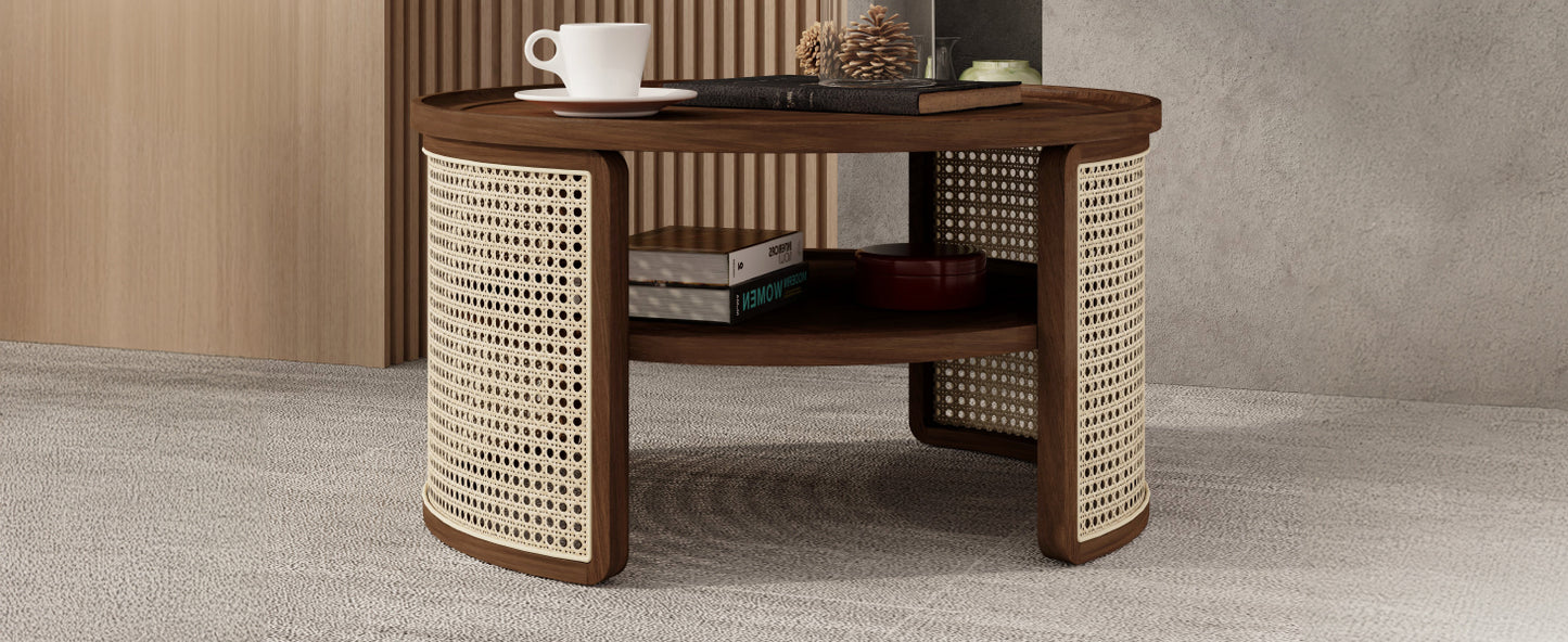 2-Tier Walnut Coffee Table with Rattan Base