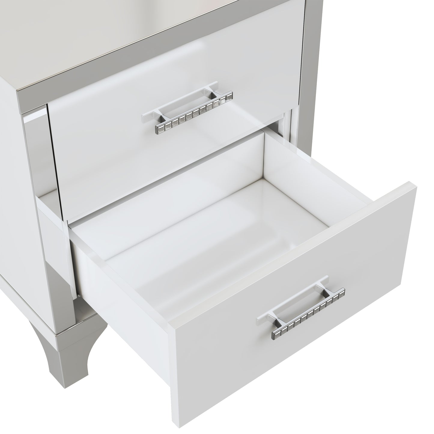 Elegant high gloss nightstand with 2 drawers, mirrored, white