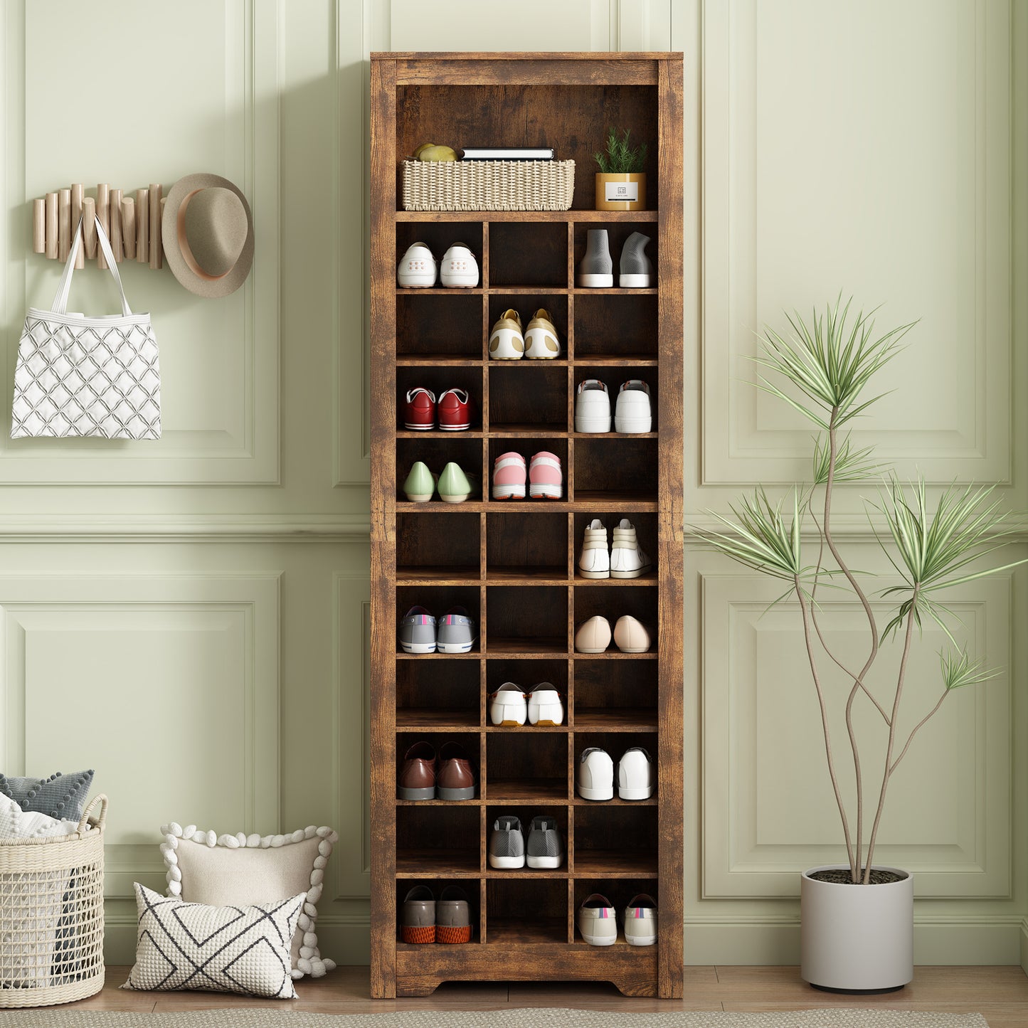 Stylish 30-cubby shoe cabinet, rustic brown