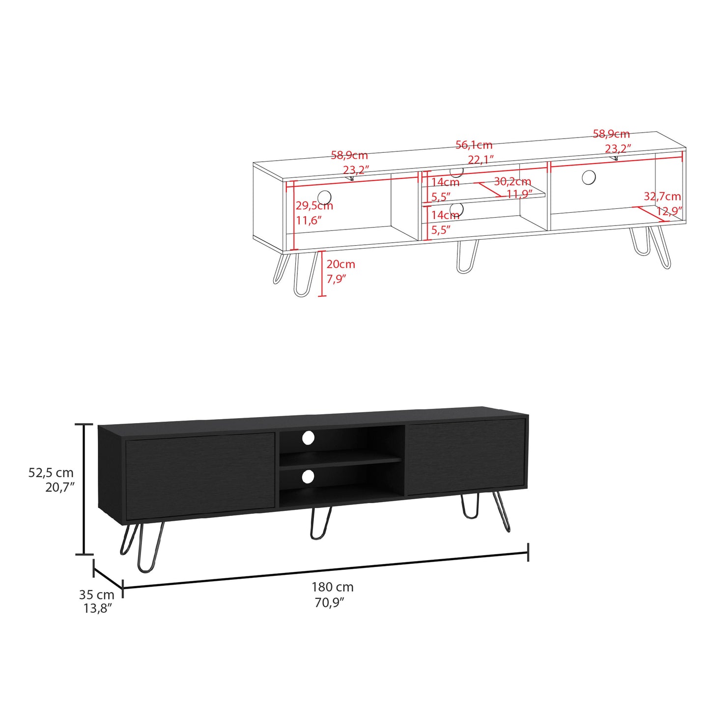 Vassel TV Stand with Hinged Drawers & Hairpin Legs