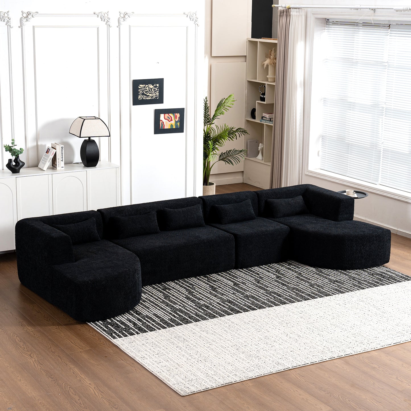 143.7 Upholstered Sofa with Chaise and Back Pillows, Black