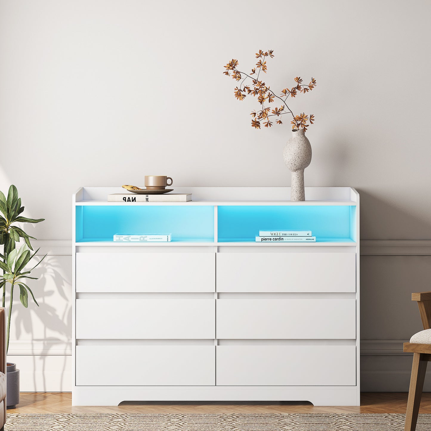 6-drawer white dresser with LED lights, modern design for bedroom or living space