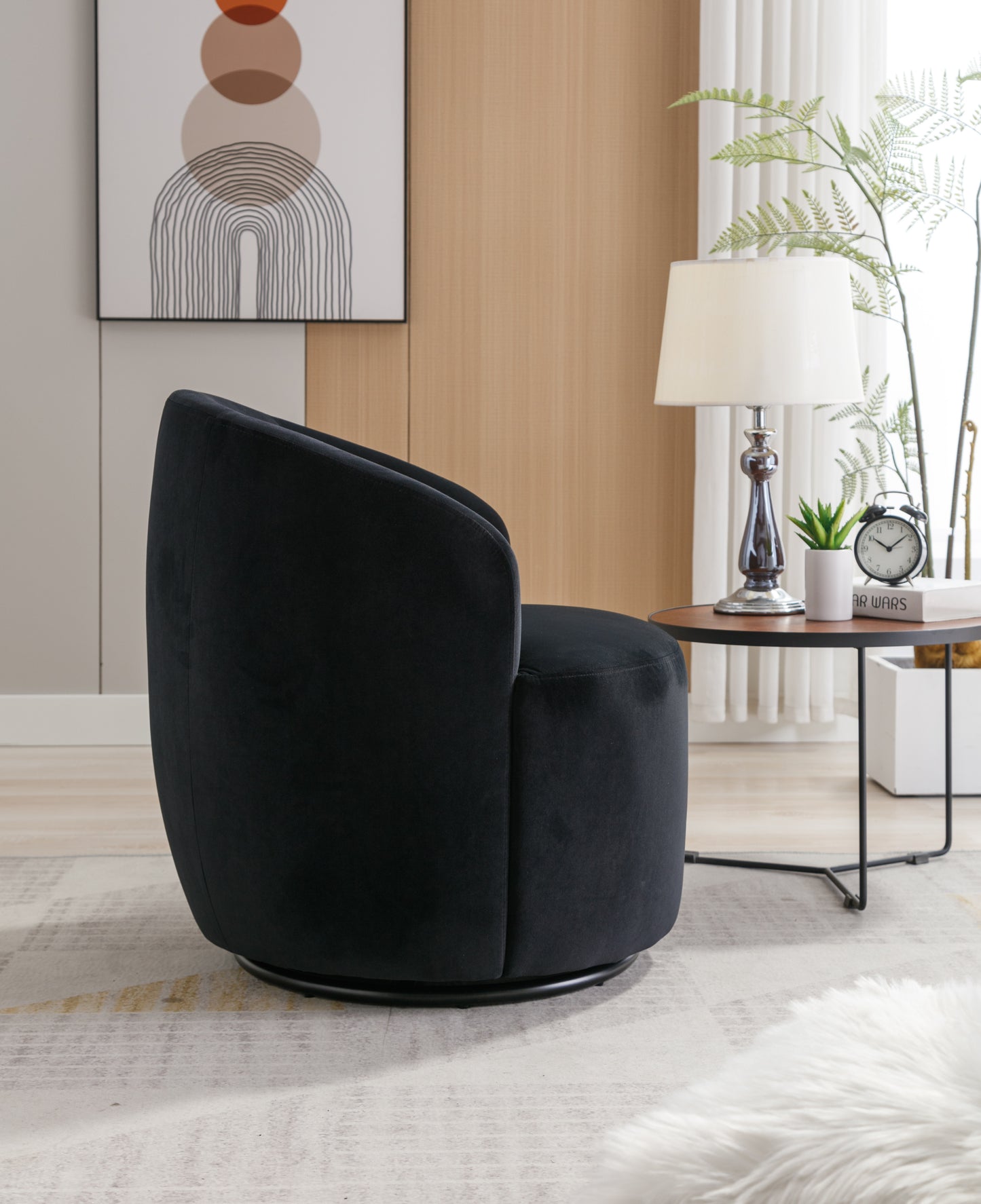 Accent Swivel Armchair with a black metal ring - Black