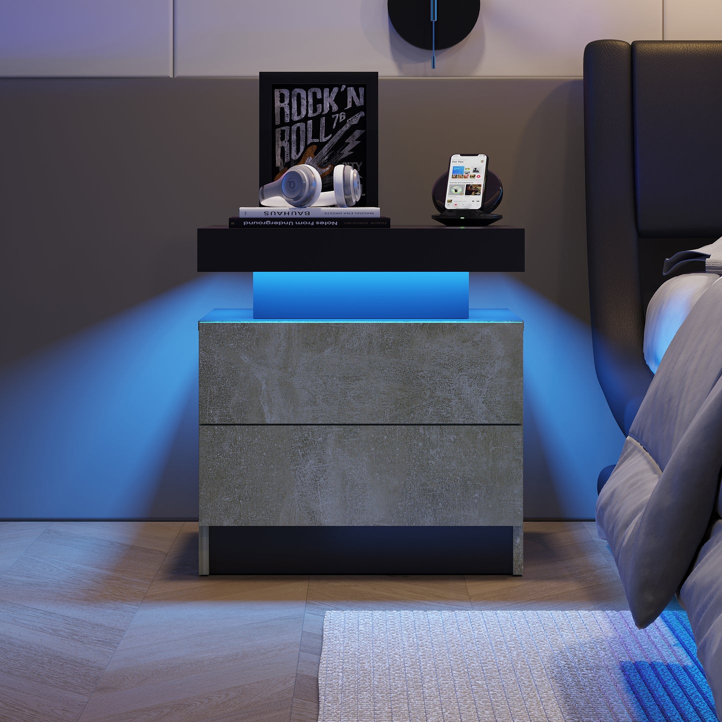 Modern LED nightstand with 2 drawers, gray