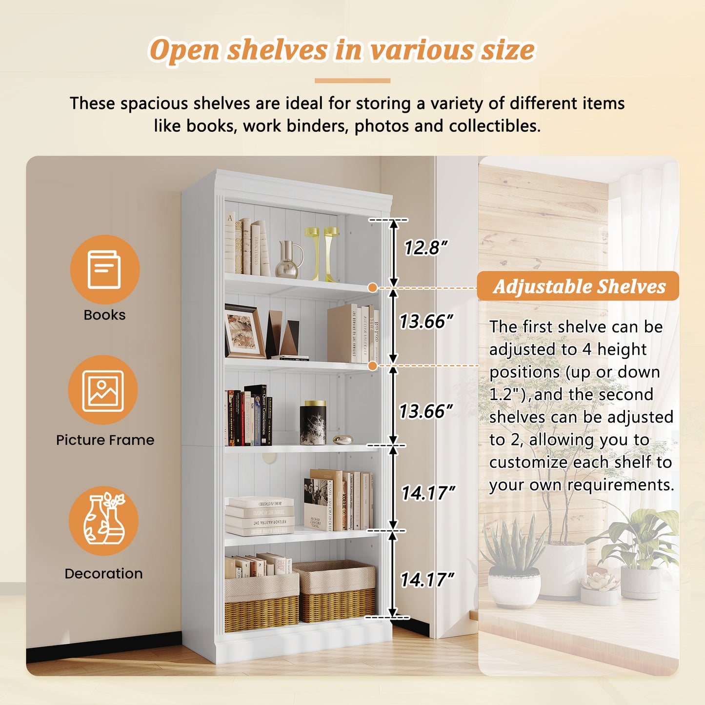 Wood Bookcase with Adjustable 5-Tier Shelves - White