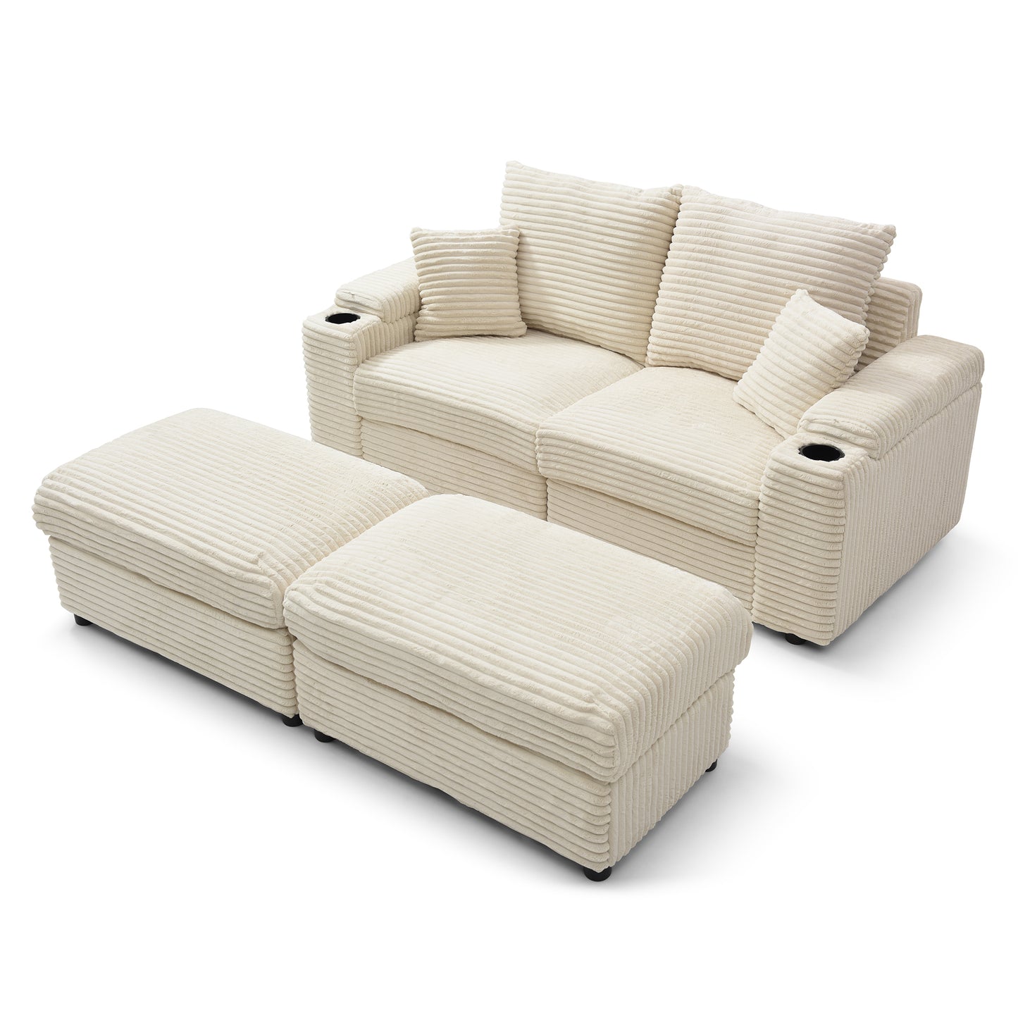 Loveseat with Ottomans, Corduroy Modular Sofa, Deep Plush, Cream