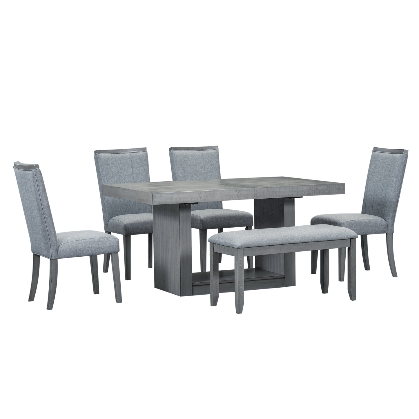 6-piece contemporary extendable dining set with pedestal table and bench, gray