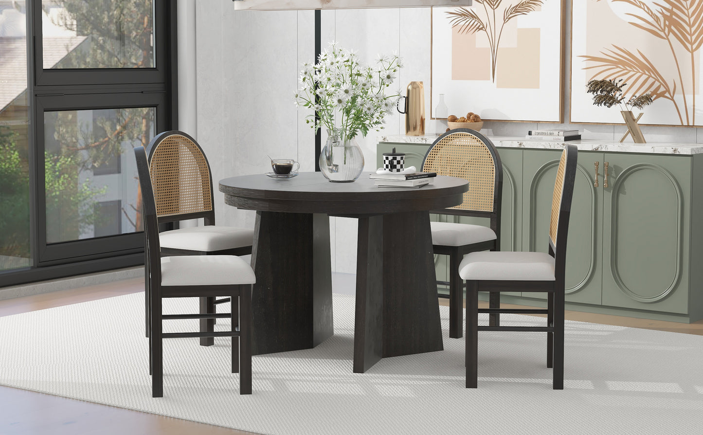 5-piece retro dining set with extendable table and rattan-back chairs, espresso