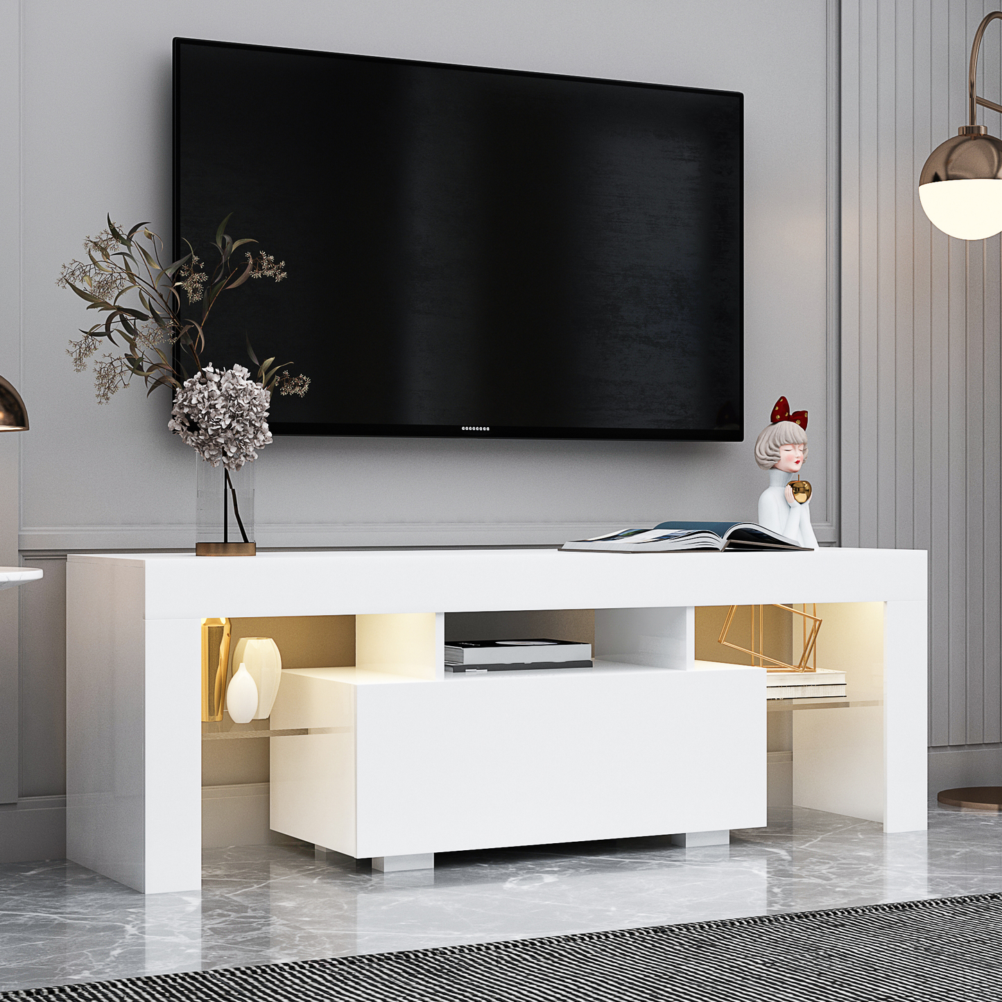 White TV stand with RGB lights