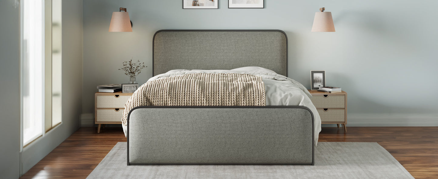 Modern king metal bed frame with curved upholstered headboard and under-bed storage, gray