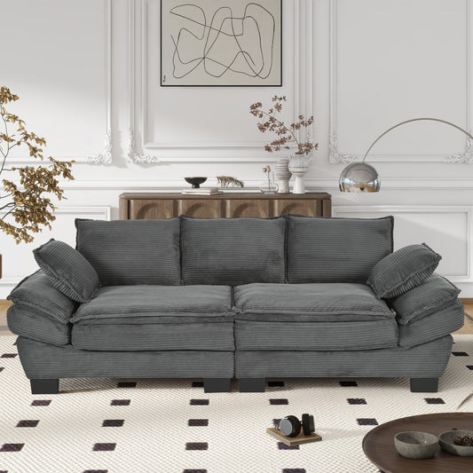 85.4" U-Style Curved Sofa with Throw Pillows, Corduroy Fabric