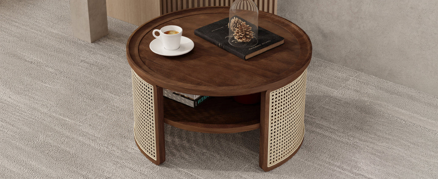 2-Tier Walnut Coffee Table with Rattan Base