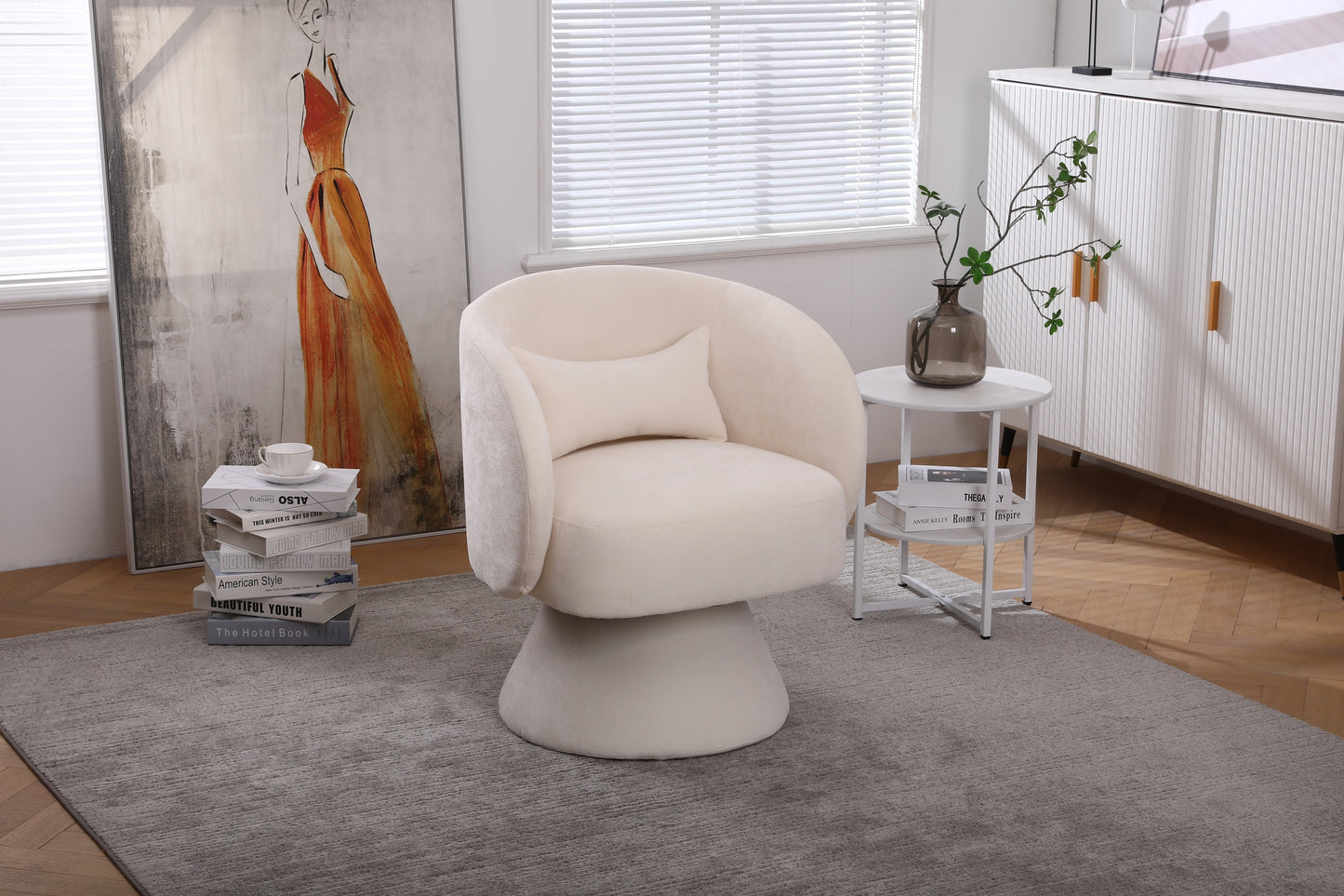 Swivel Accent Chair with a round barrel design for living rooms and bedrooms - Beige