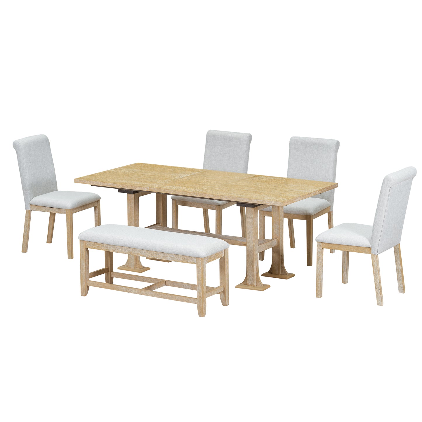 6-piece farmhouse dining set with extendable table and upholstered chairs, natural finish