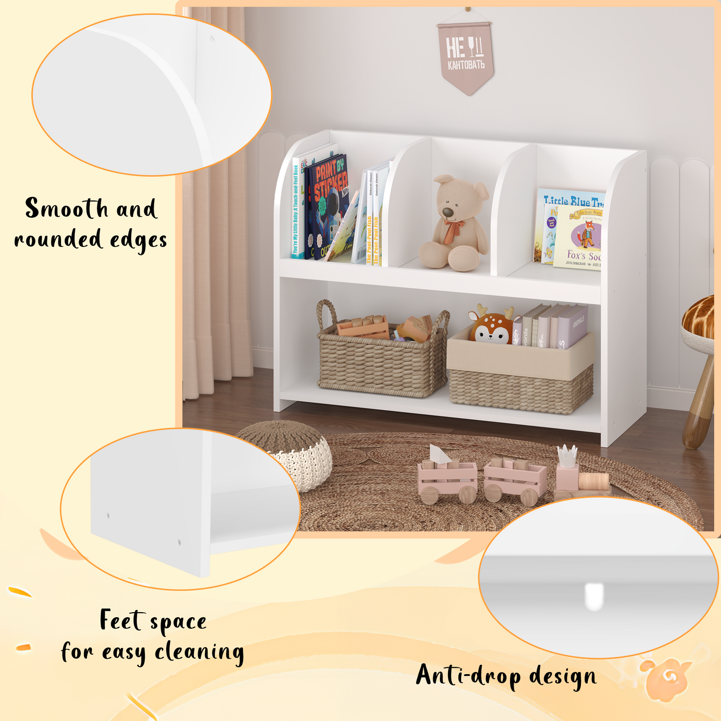 Kids Bookcase with 4 Compartments & Toy Organizer