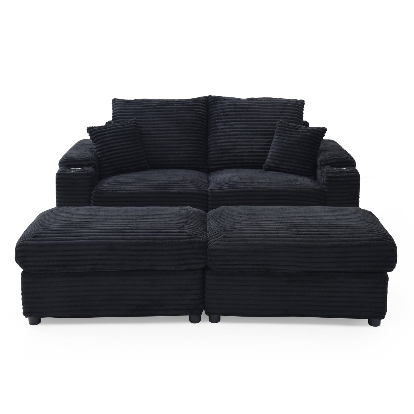 Loveseat with Ottomans, Corduroy Modular Sofa, Deep Plush, Black