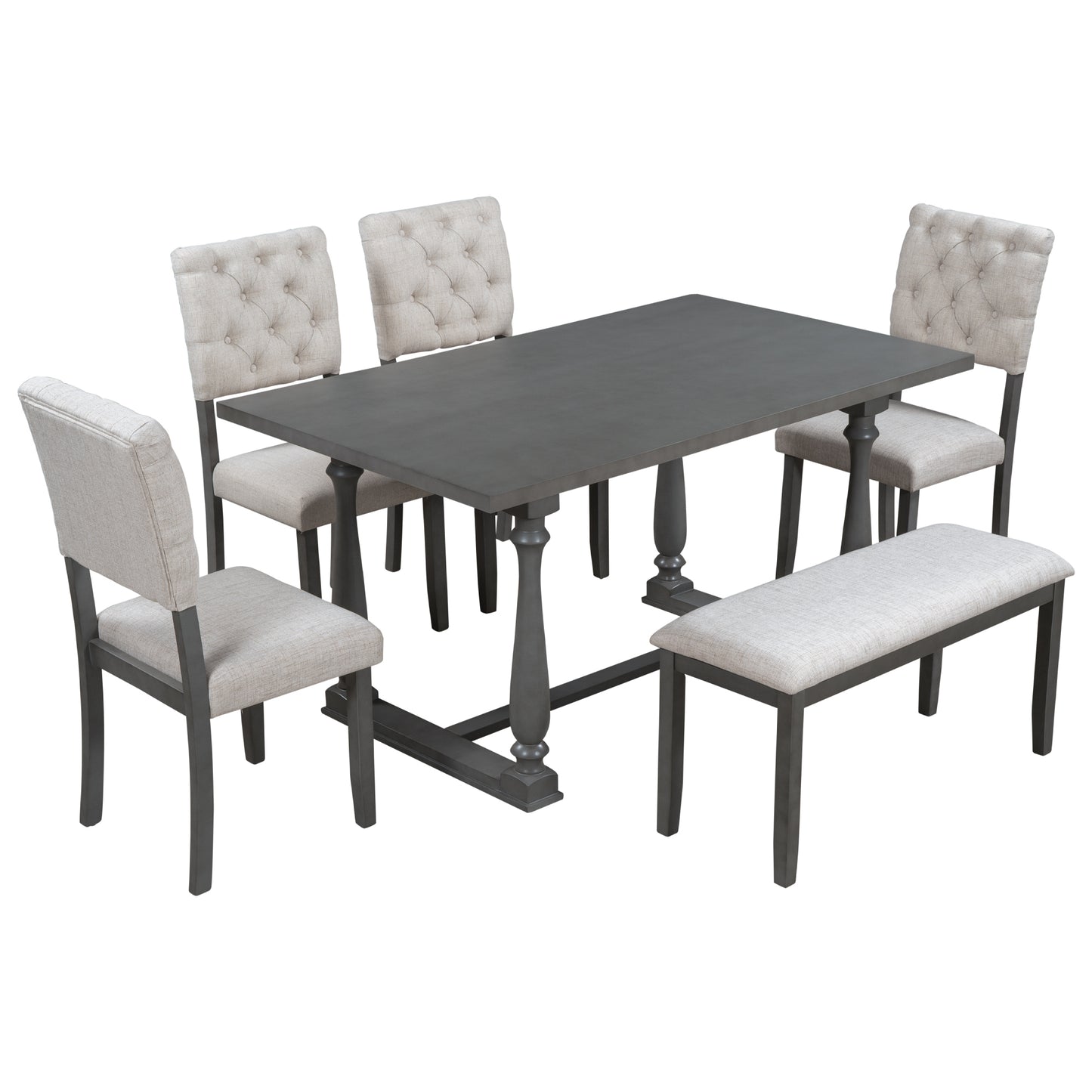 6-piece dining set with special-shaped legs and cushioned seats, gray