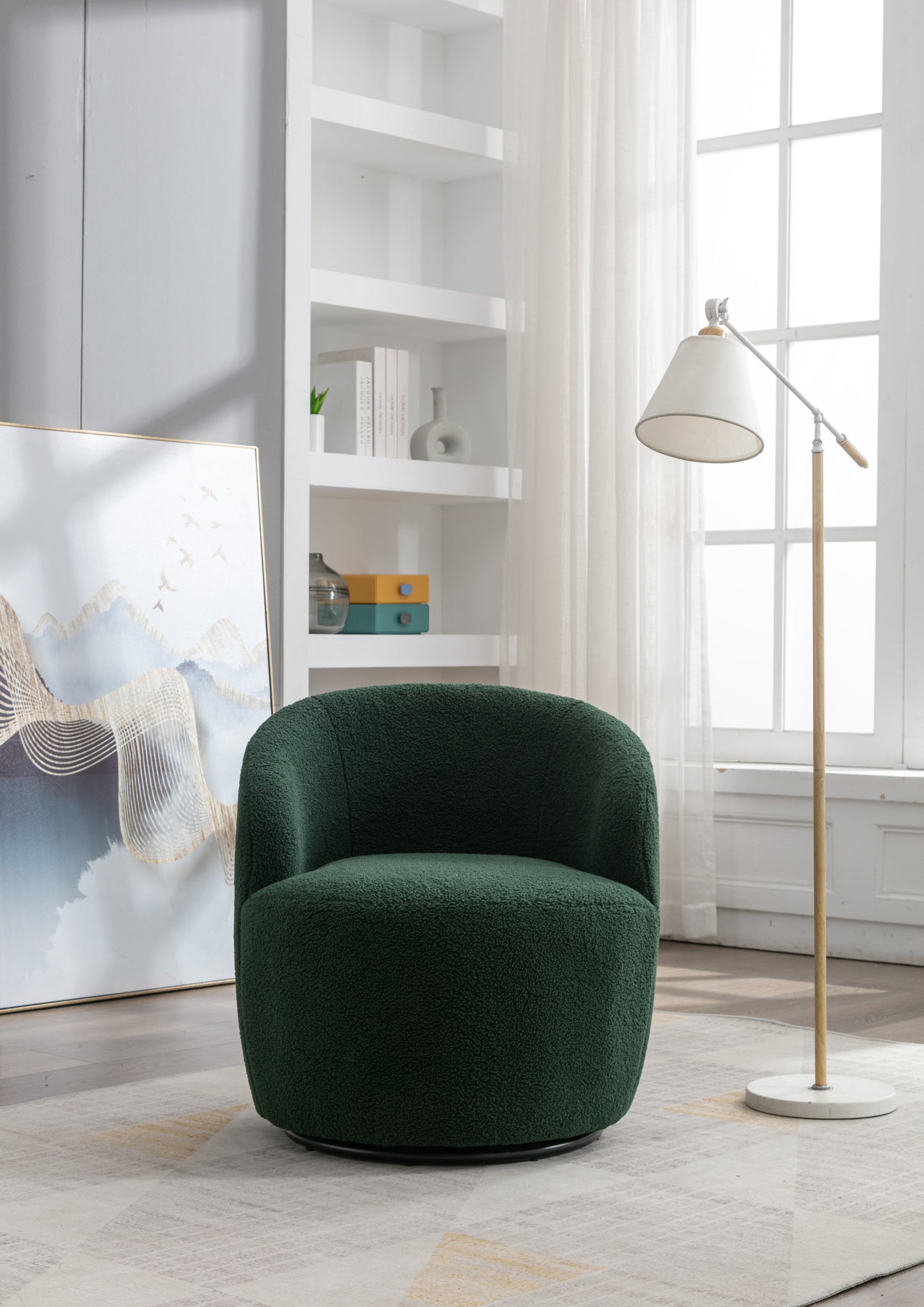 Accent Swivel Armchair with a black metal ring - Dark Green