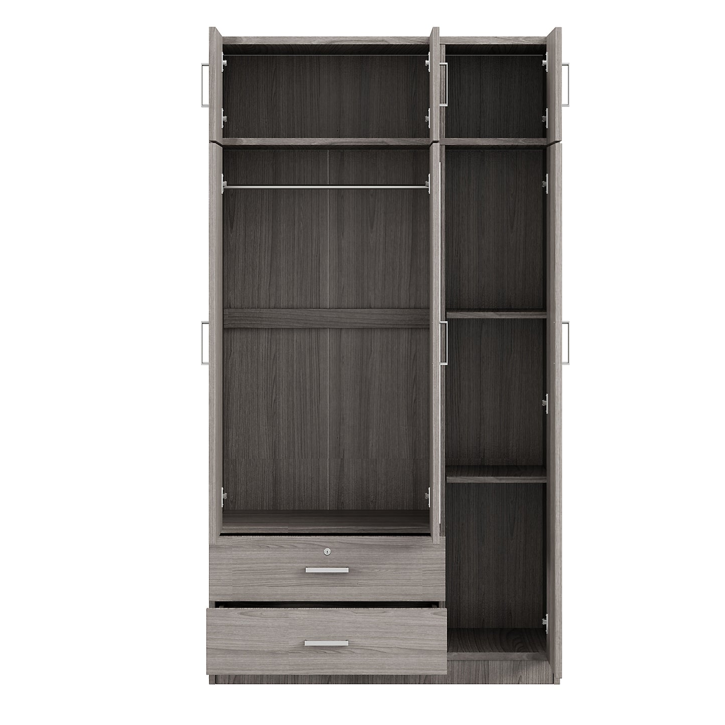 3-door mirror dresser wardrobe with 2 drawers and top cabinet, gray