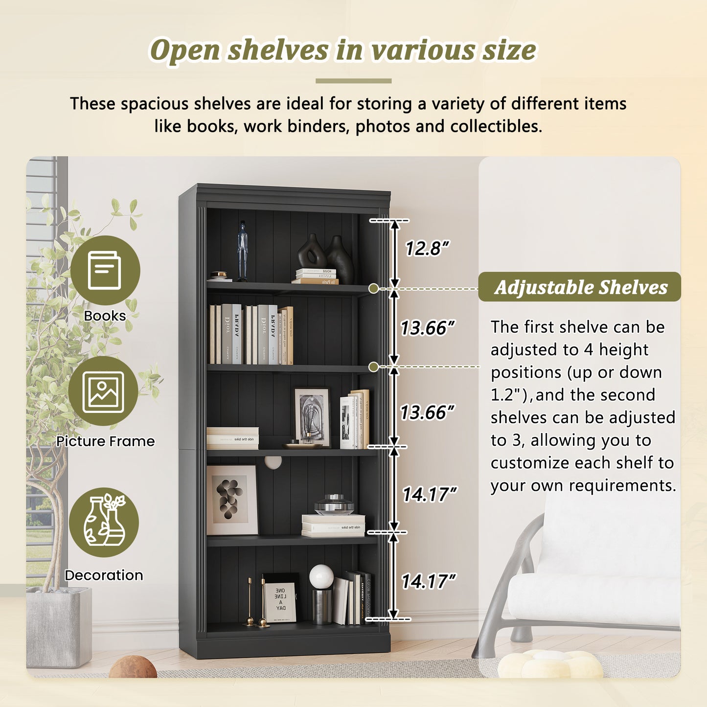 Wood Bookcase with Adjustable 5-Tier Shelves - Black