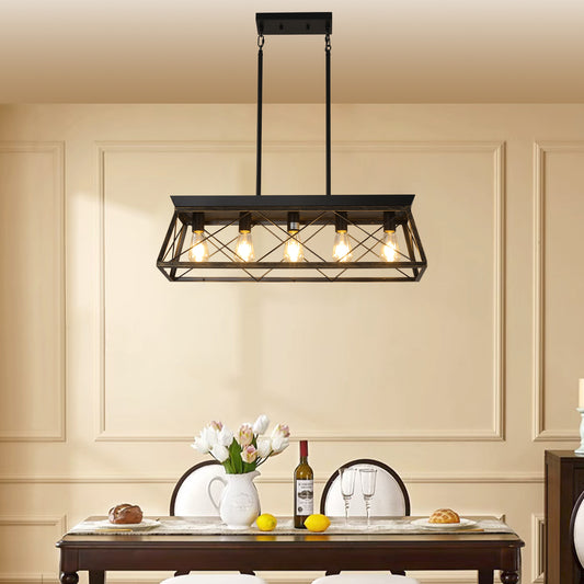 5-Light Black and Gold Farmhouse Chandelier, Rectangular Pendant Fixture