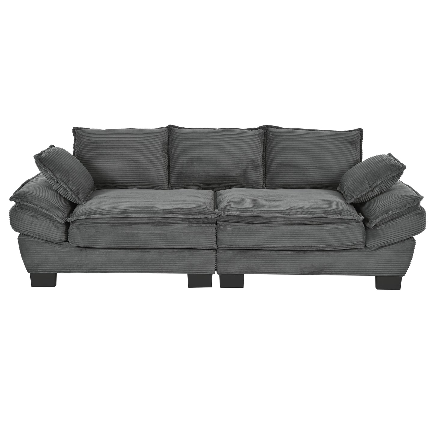 85.4" U-Style Curved Sofa with Throw Pillows, Corduroy Fabric