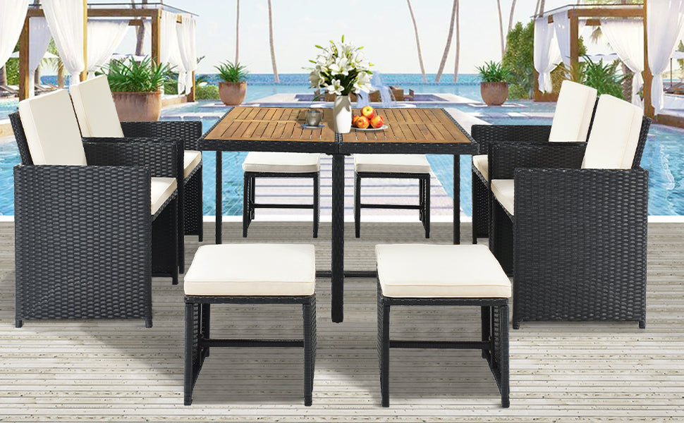 9-piece patio wicker dining set, black rattan, beige cushions