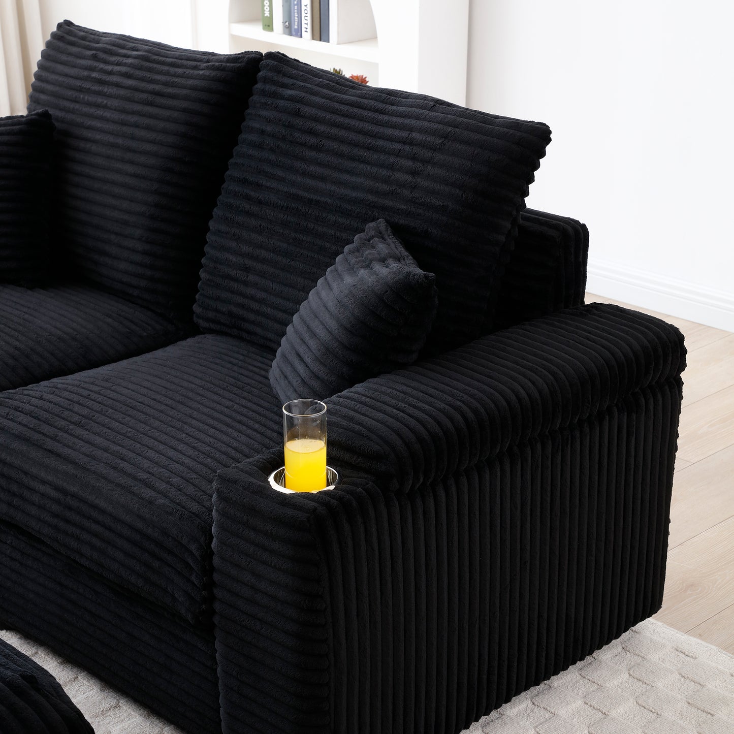 Loveseat with Ottomans, Corduroy Modular Sofa, Deep Plush, Black