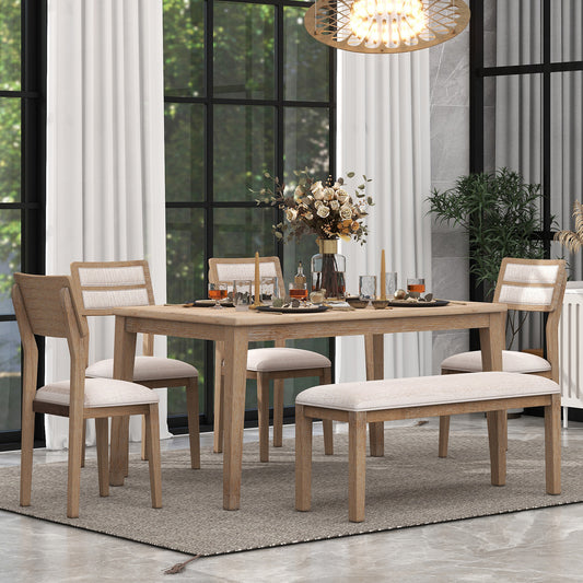 6-piece traditional dining set with upholstered chairs and bench, natural wood wash