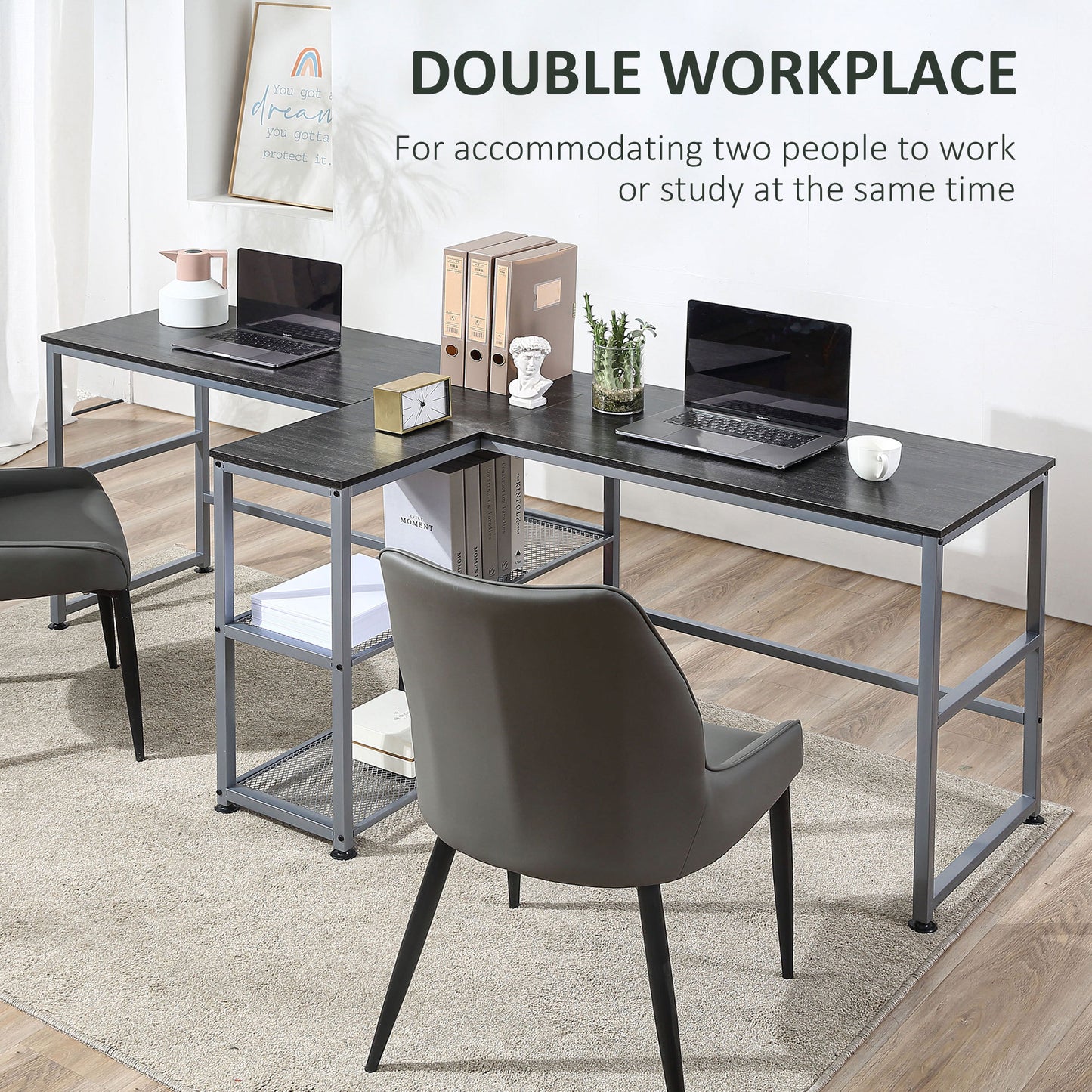 83" Two-Person Black Desk with Shelves, Double Workstation