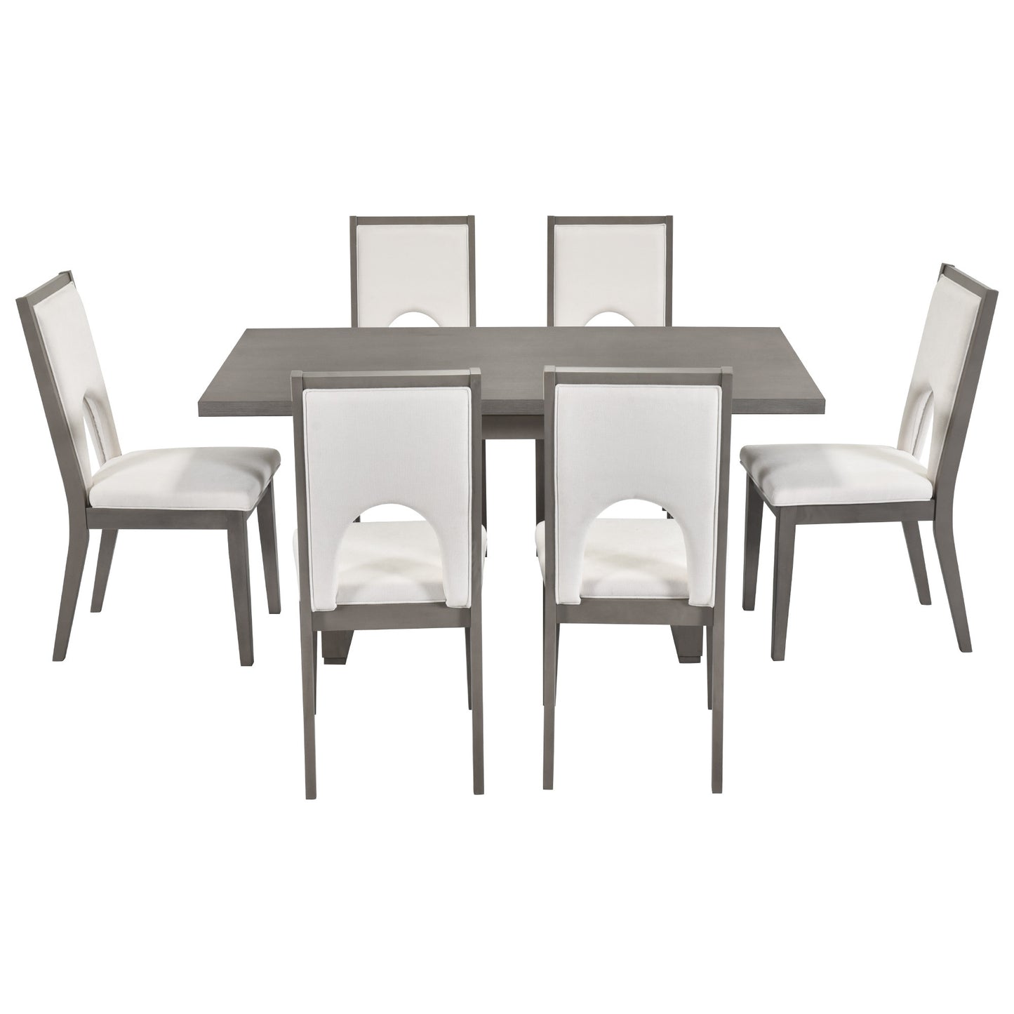 Wood dining table set for 6, grey table, beige upholstered chairs