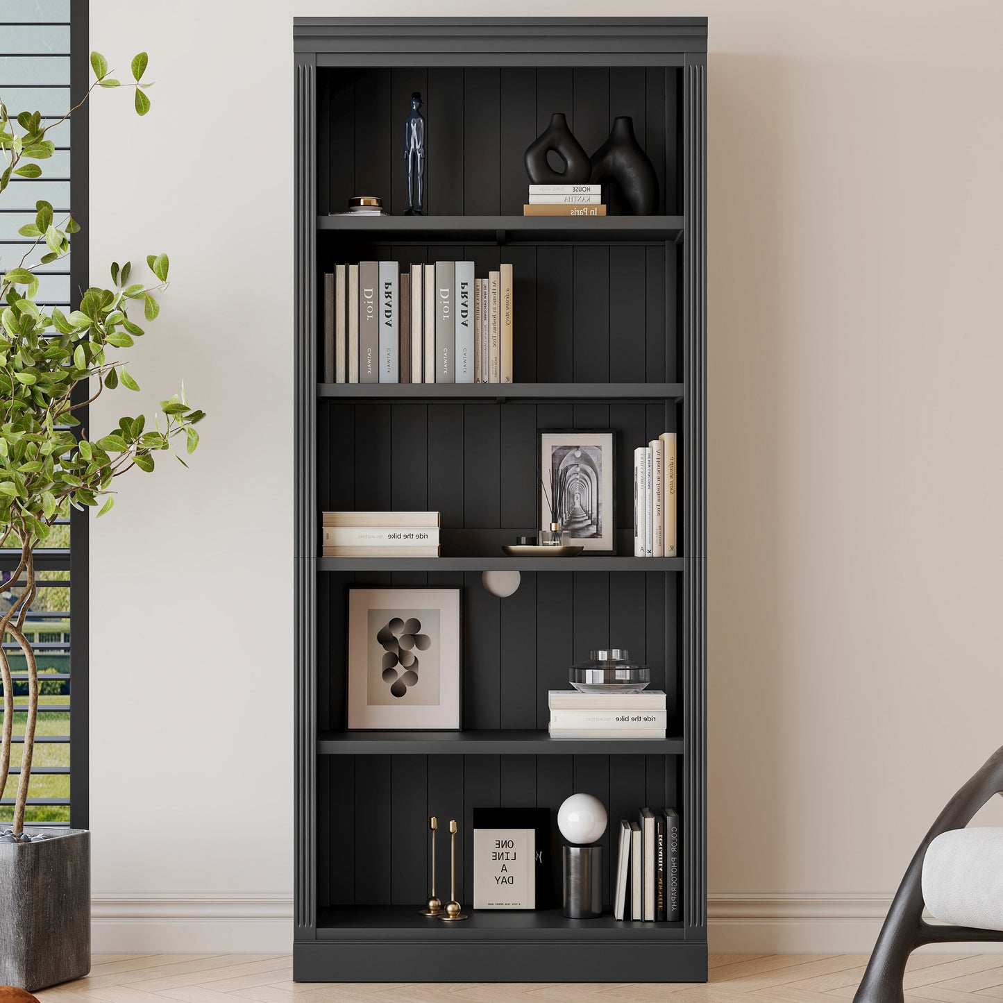 Wood Bookcase with Adjustable 5-Tier Shelves - Black