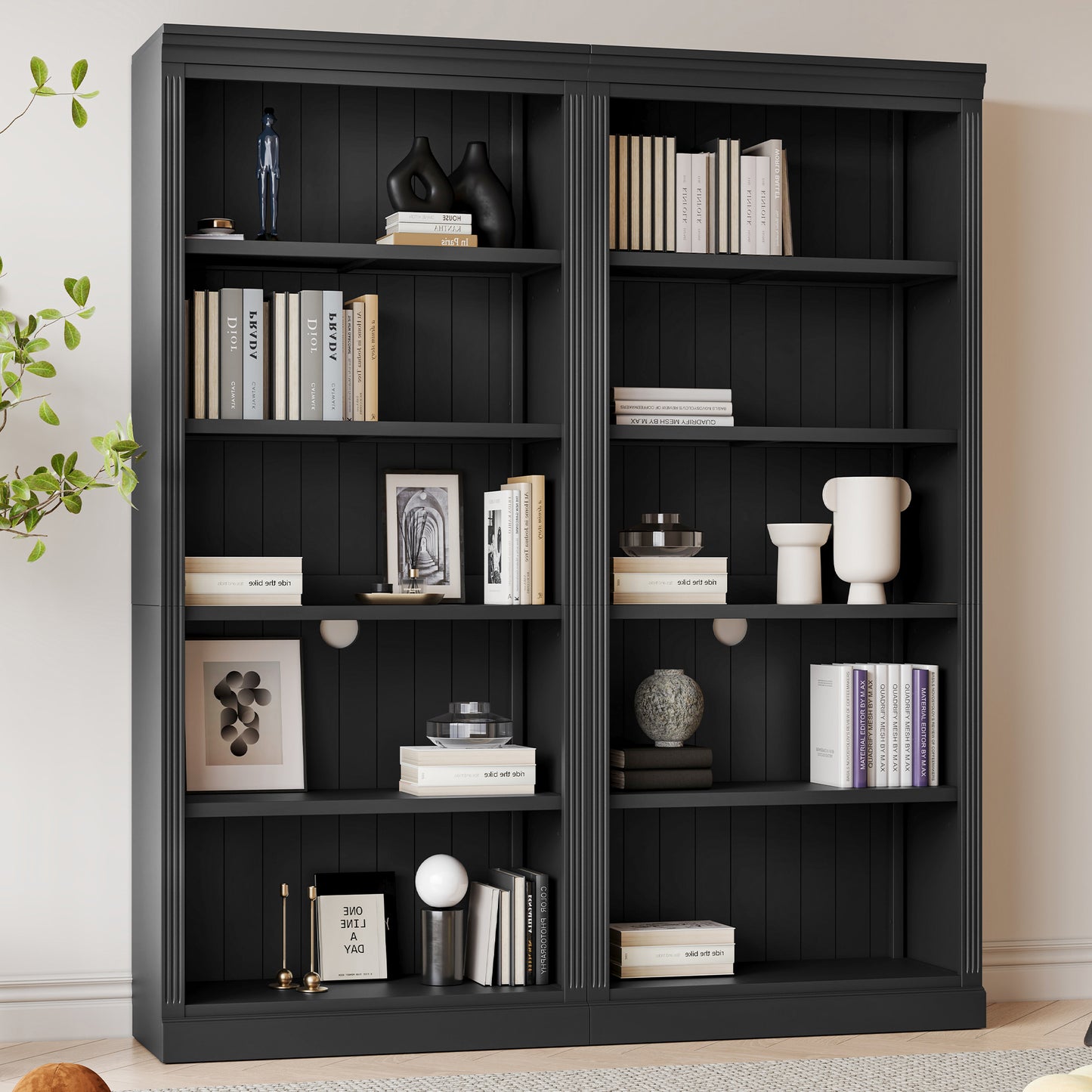 Wood Bookcase with Adjustable 5-Tier Shelves - Black