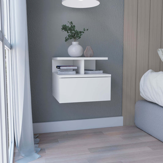 Floating Nightstand 12"H, Wall Mounted with Single Drawer and 2-Tier Shelf, White