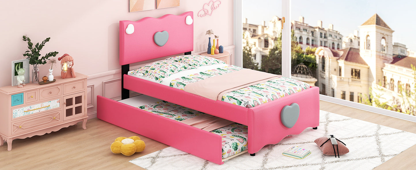 Twin Size Upholstered Platform Bed with Trundle and Heart Shaped Decoration, Dark Pink