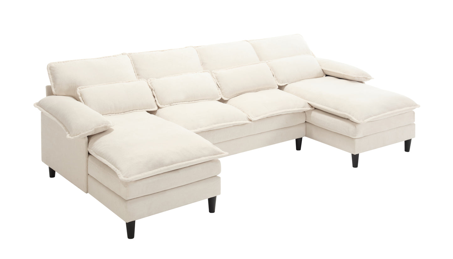 U-Shaped Modular Sectional Sofa with Chaise Lounge, 4 Seater, Terrycloth, Beige